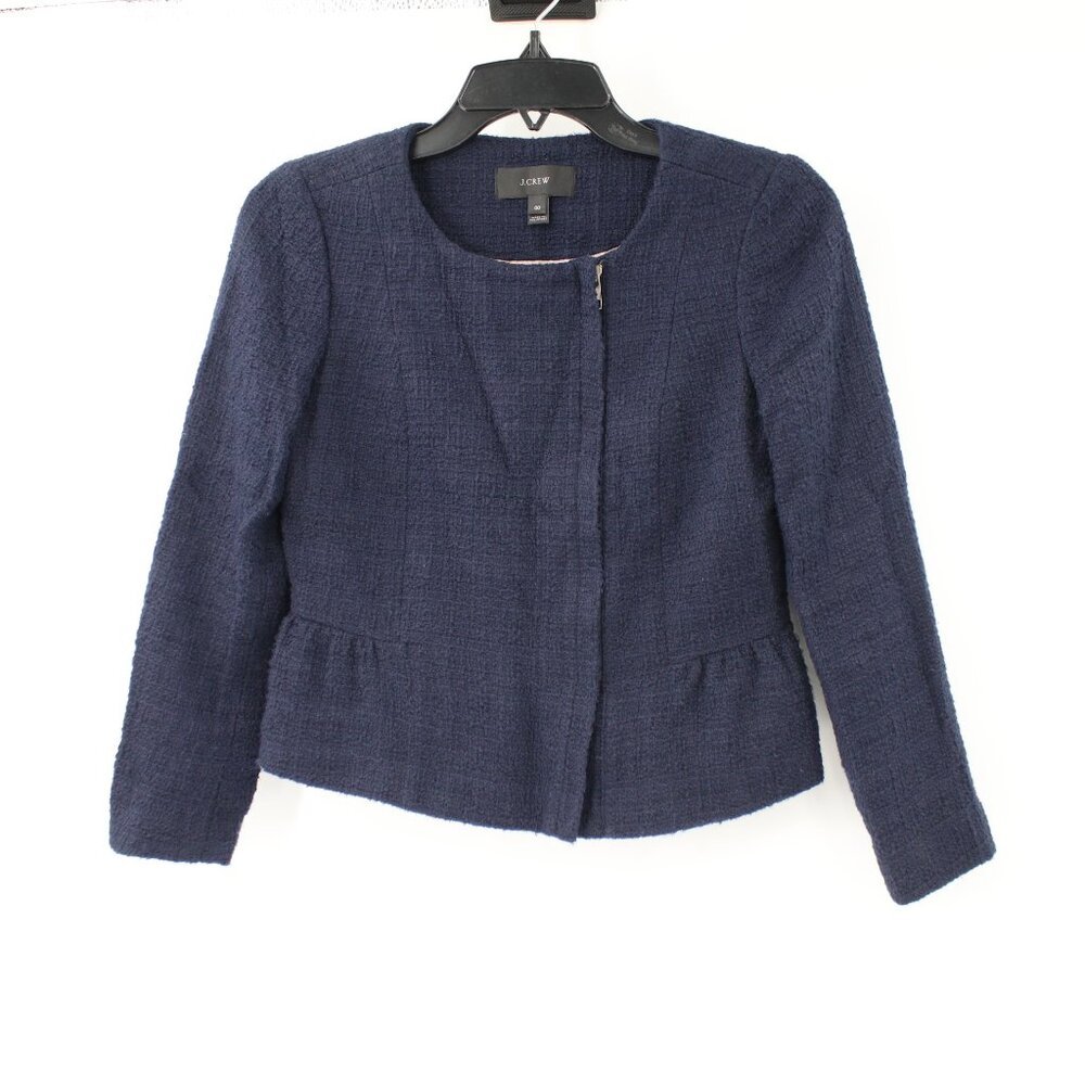 J Crew Tweed Blazer Women 00 Navy Blue Peplum Full Zip Classic cotton jacket